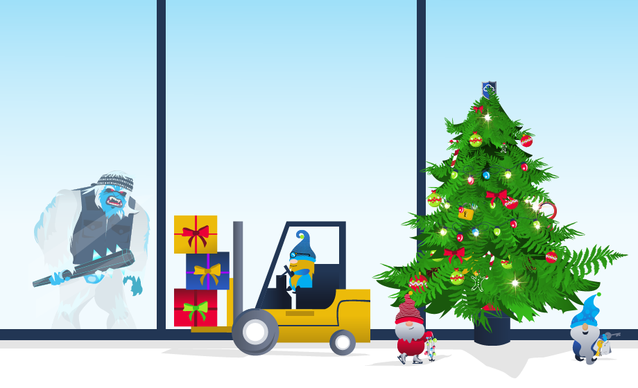 A Yeti watching over Santa's Elves packing up gifts.
