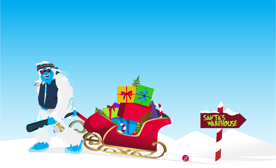 Yeti leaving Santa's warehouse happy with his loot.