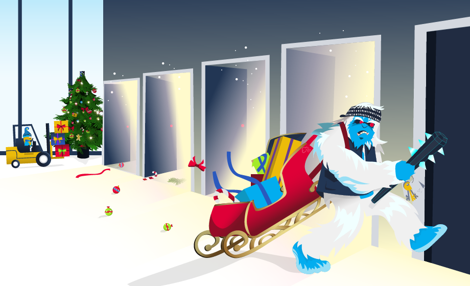 Yeti gathering gifts after gaining access to the warehouse.
